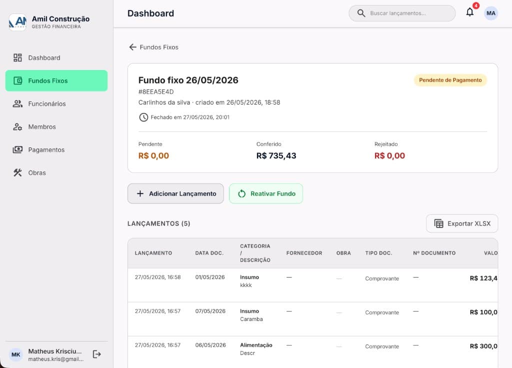 Caixa Flow finance dashboard for a closed petty-cash fund, with expense table and Excel export.