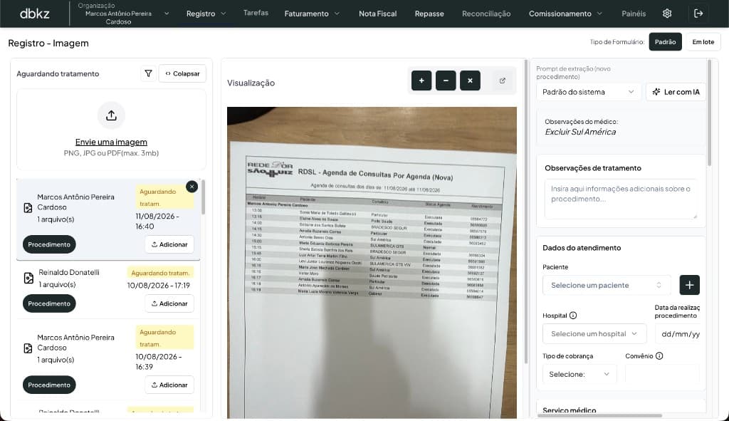 DBKZ web console for image intake: uploaded appointment agenda, extraction prompt, and billing fields for hospital and coverage.