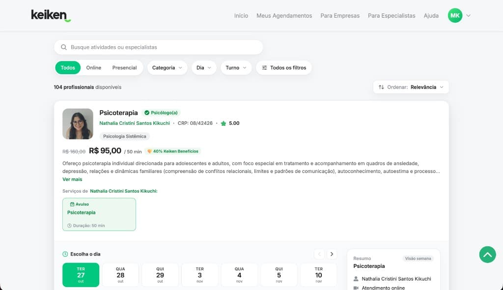 Keiken marketplace listing a psychologist with price, filters, and a booking calendar.