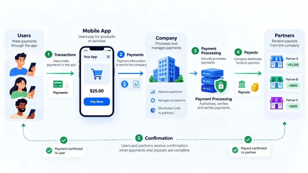 Diagram of payments from users through the app and company to partner payouts.