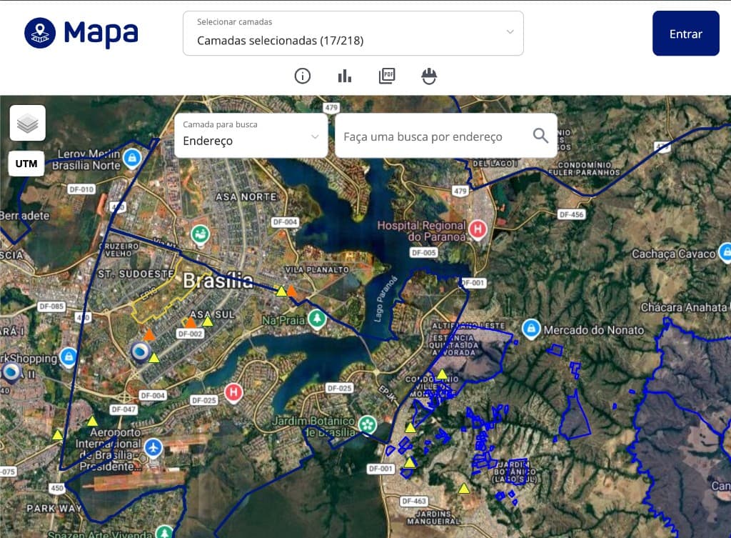 Witek property map over Brasília with selected layers, address search, and UTM controls.